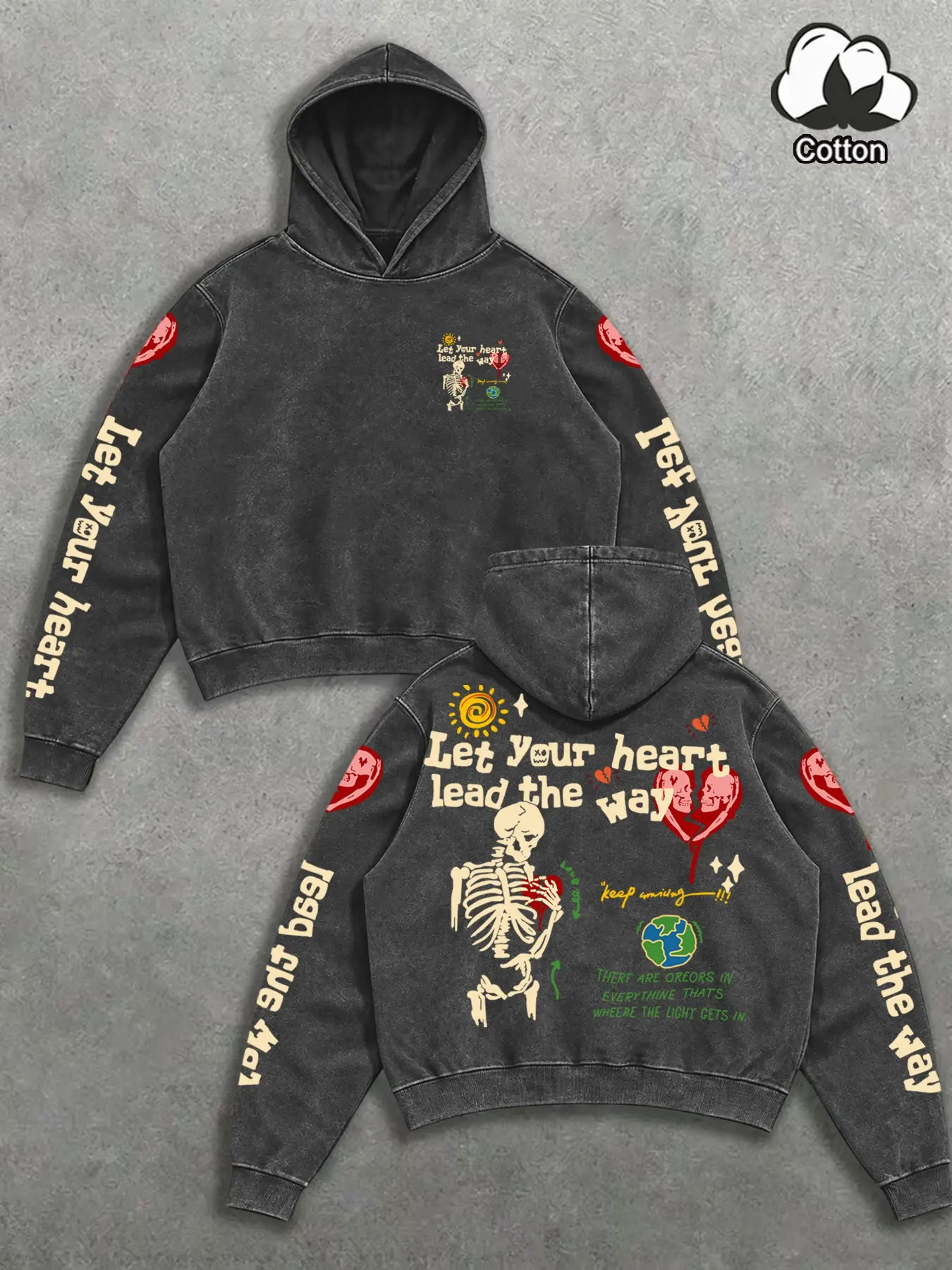 Men's Hooded Cotton Sweatshirt, Washed Skull Heart Sun Letter Print, Long Sleeve Fitted Casual Top, Spring Fall Winter Wear
