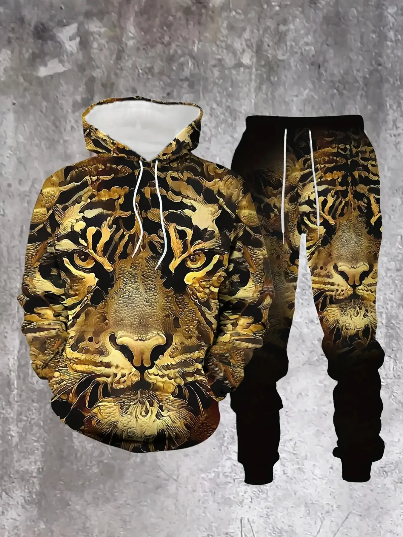 Men's 3D Gold Tiger Head Hoodie Set, Gold Tiger Print, Casual Sportswear, Long Sleeve, Ankle Length, All Seasons