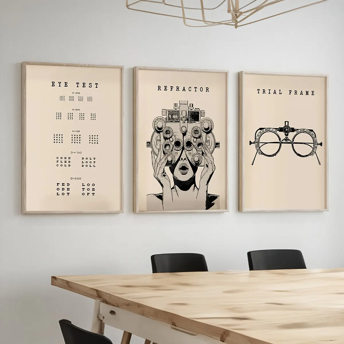 2D print, 3-piece set of vintage optician's office wall decorations, ophthalmic equipment and instrument prints, wall art for ophthalmic clinics, canvas posters, decorative artwork for living rooms, bedrooms, offices, classrooms, bathrooms, dormitories, h