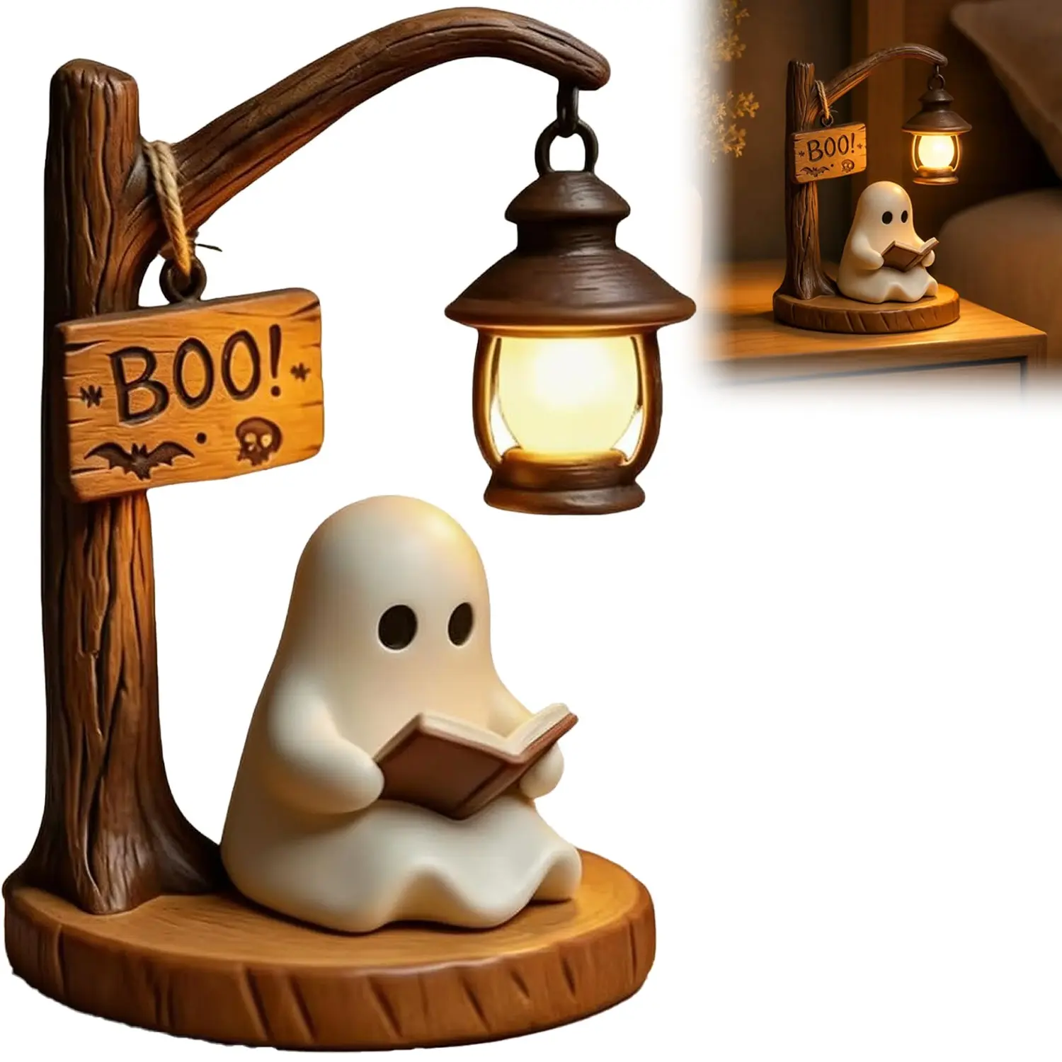 Cute Ghost Night Light with Book and Lamp, Halloween Statue Ghost Desk Lamp, 3D Resin Desktop Figurine, Bedroom, Shelf, Desk, Ghost Gift, Night Light