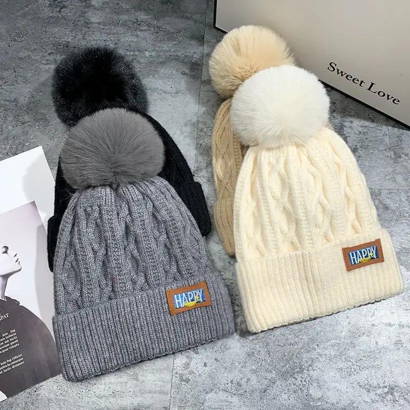 3pcs Autumn and Winter Women's Pompom Knitted Hat Women Solid Color Thicken Plush Beanie Cap Female Autumn Warm Crochet Hats