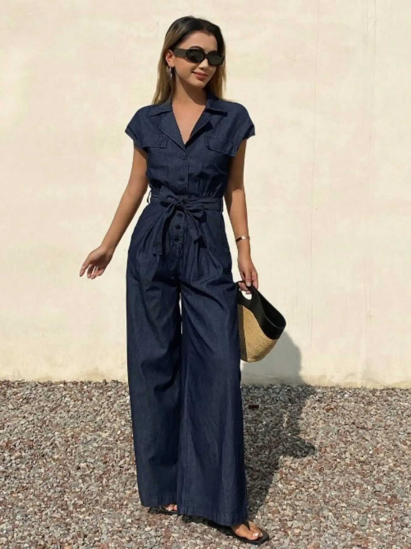 2026 New Fall Women's Aesthetic Chic Vintage Denim Overall, Flap Collar Waist Tie Adjustable Wide Leg Commuter Workwear Pants, Fashionable Long Jacket
