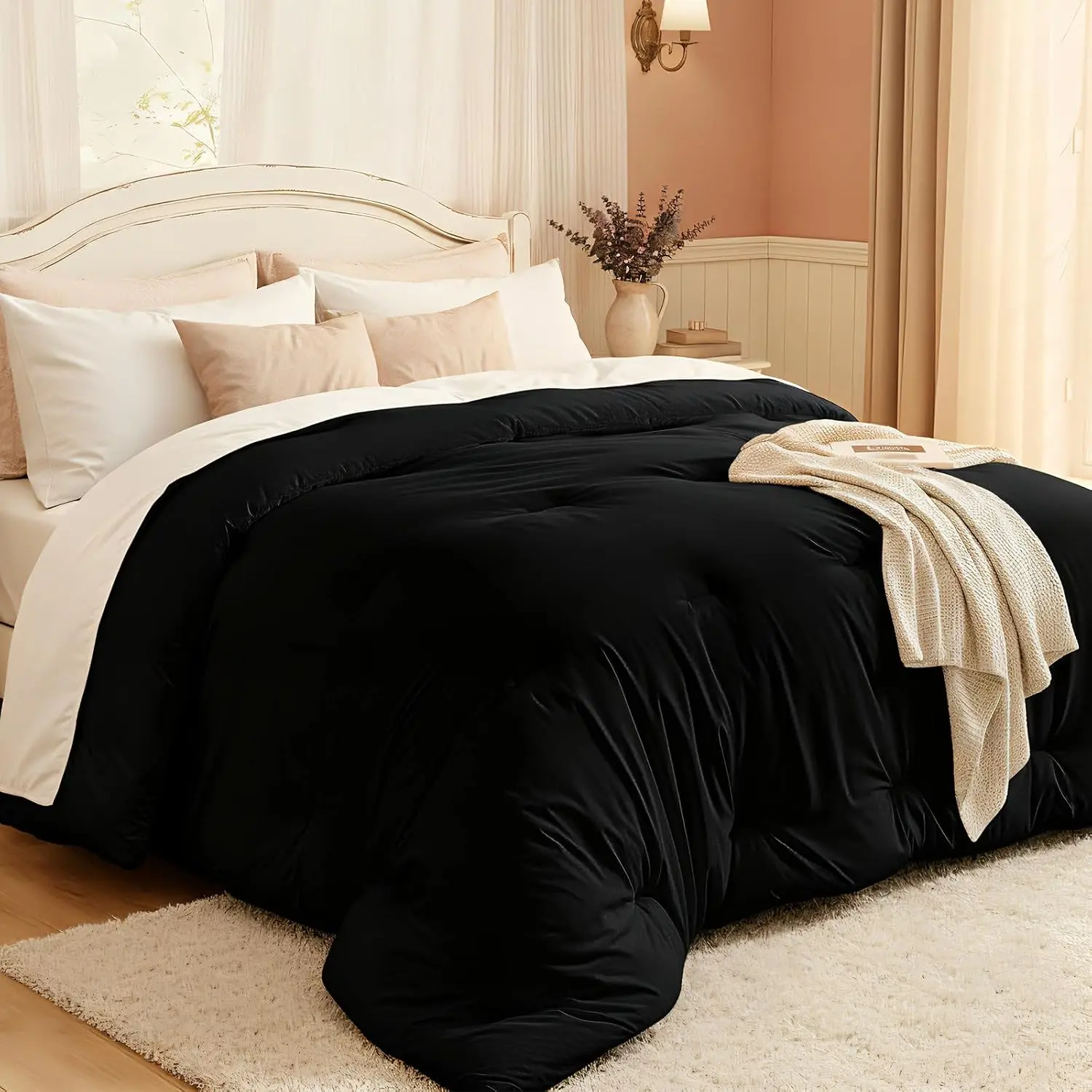Comforters  Size,   Quilted Bed Comforter, Ultra-Soft Down Alternative Duvet Insert with 4 Tabs, Lightweight Bedding Blanket - Machine Washable, Black