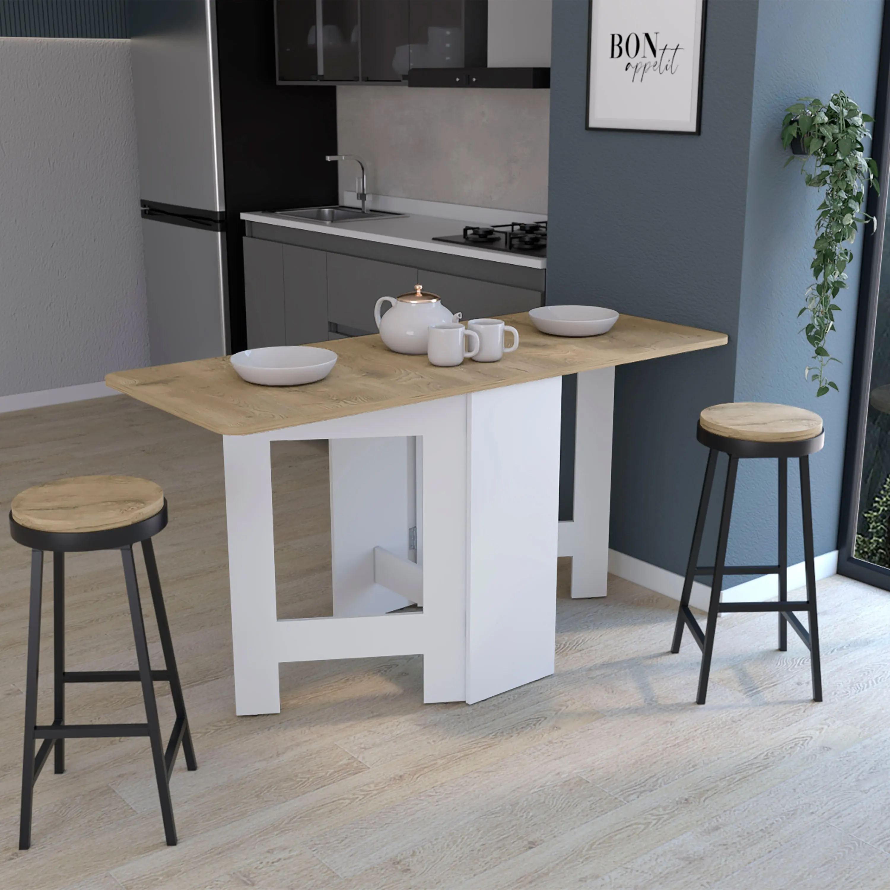 Nokka Gateleg Folding Dining Table - Sturdy Particle Board Expandable Leaf Table for Small Spaces, 58.7" Extended, Easy Assembly for Living Room, Kitchen