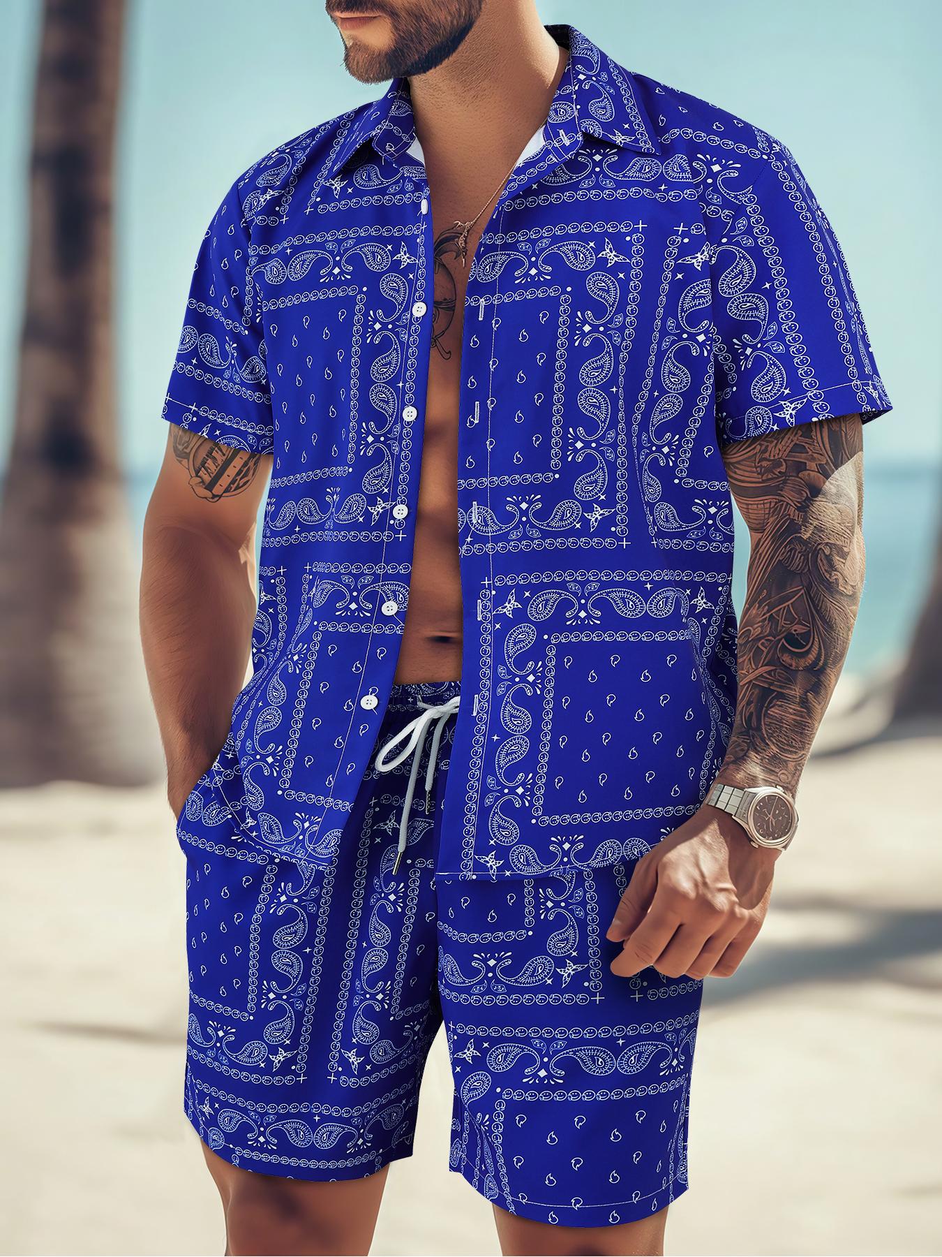 Men's All Over Print Short Sleeve Shirt & Shorts Two-piece Set, Casual Button Collar Top & Drawstring Waist Shorts, Men's Summer Clothes, Casual Outfit Set