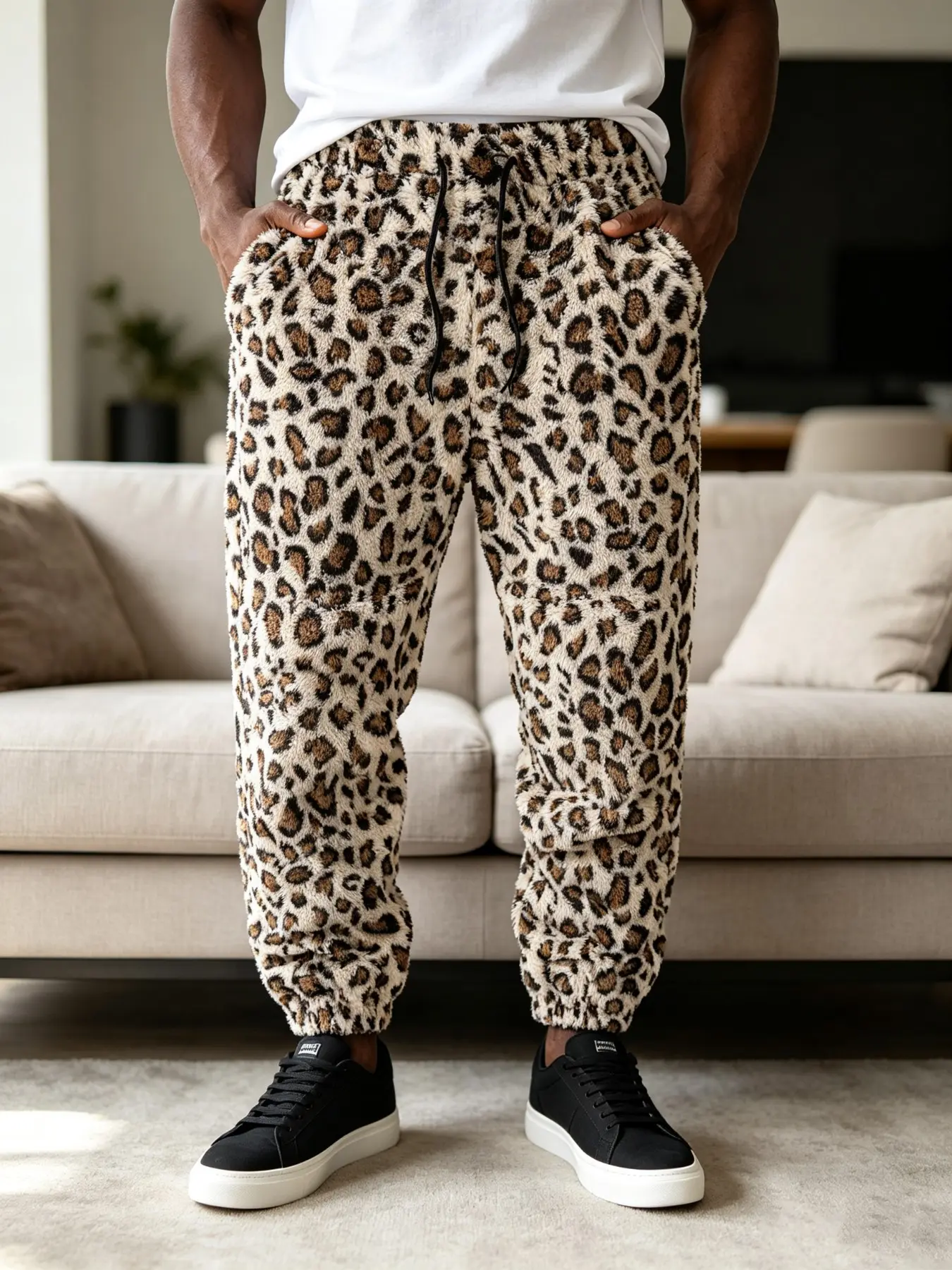 Men Classic Leopard Print Fluffy Fleece Jogger Pants, Soft Plush Drawstring Sweatpants with Side Pockets, Winter Loungewear Street Casual Daily Wear