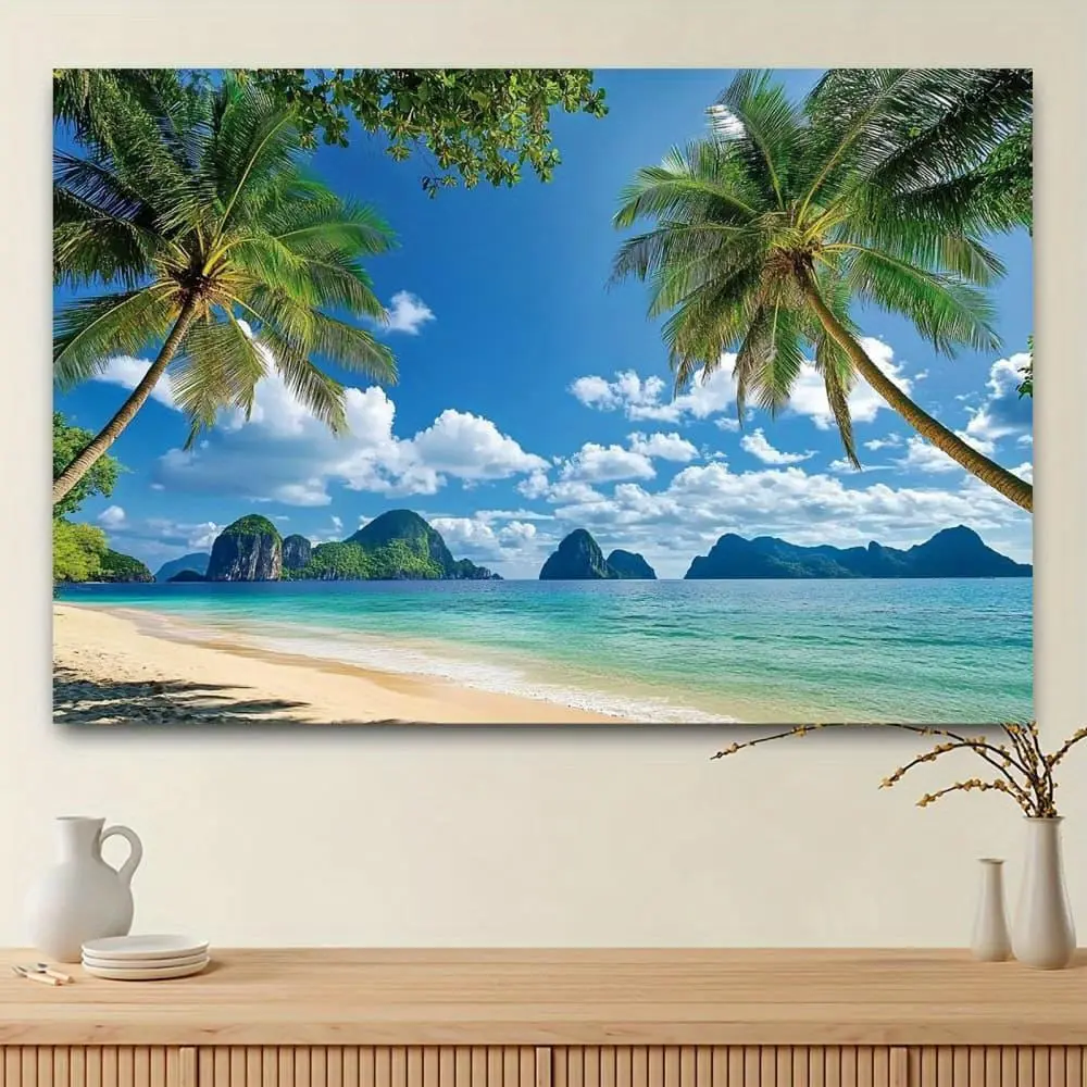 2D Flat HD Digital Printed Polyester Photographic Backdrop - Tropical Beach Palm Tree Island Ocean Beach Scene, Soft Lightweight Foldable Cloth for Studio Shoots, Party Backdrops & Banners, Unisex Portrait Shooting