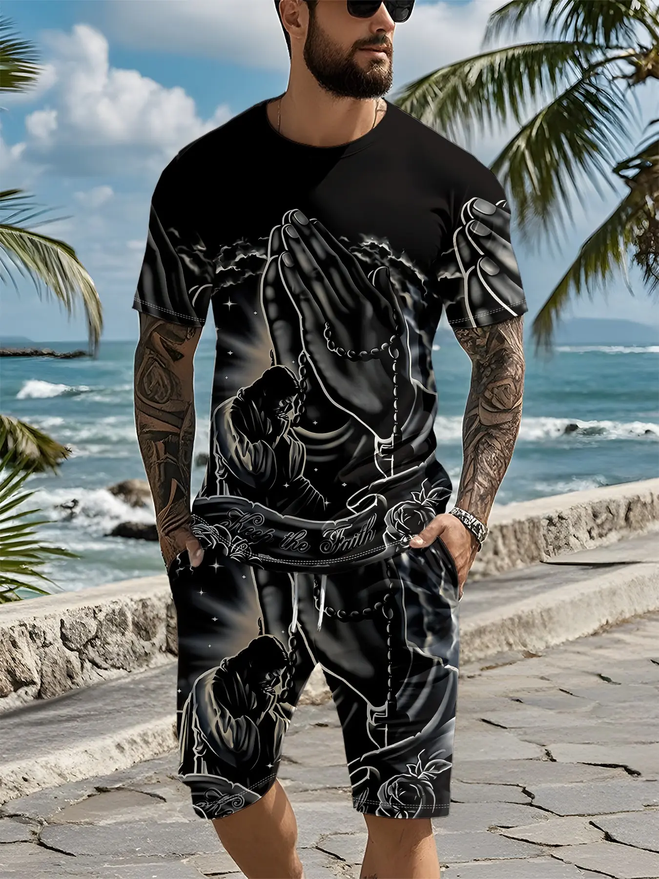Two-piece set with 3D digital print featuring black-and-white sketch praying hands and roses on black background, Aesthetic, dark retro street casual style, 2Pcs trendy fashion suit