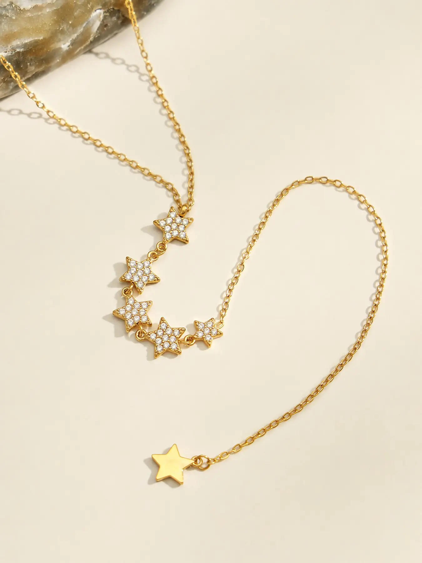 French Style Rhinestone Star Y-Shape Long Necklace, Stainless Steel Waterproof Jewelry, Daily Wear Durable Colorfast Accessory