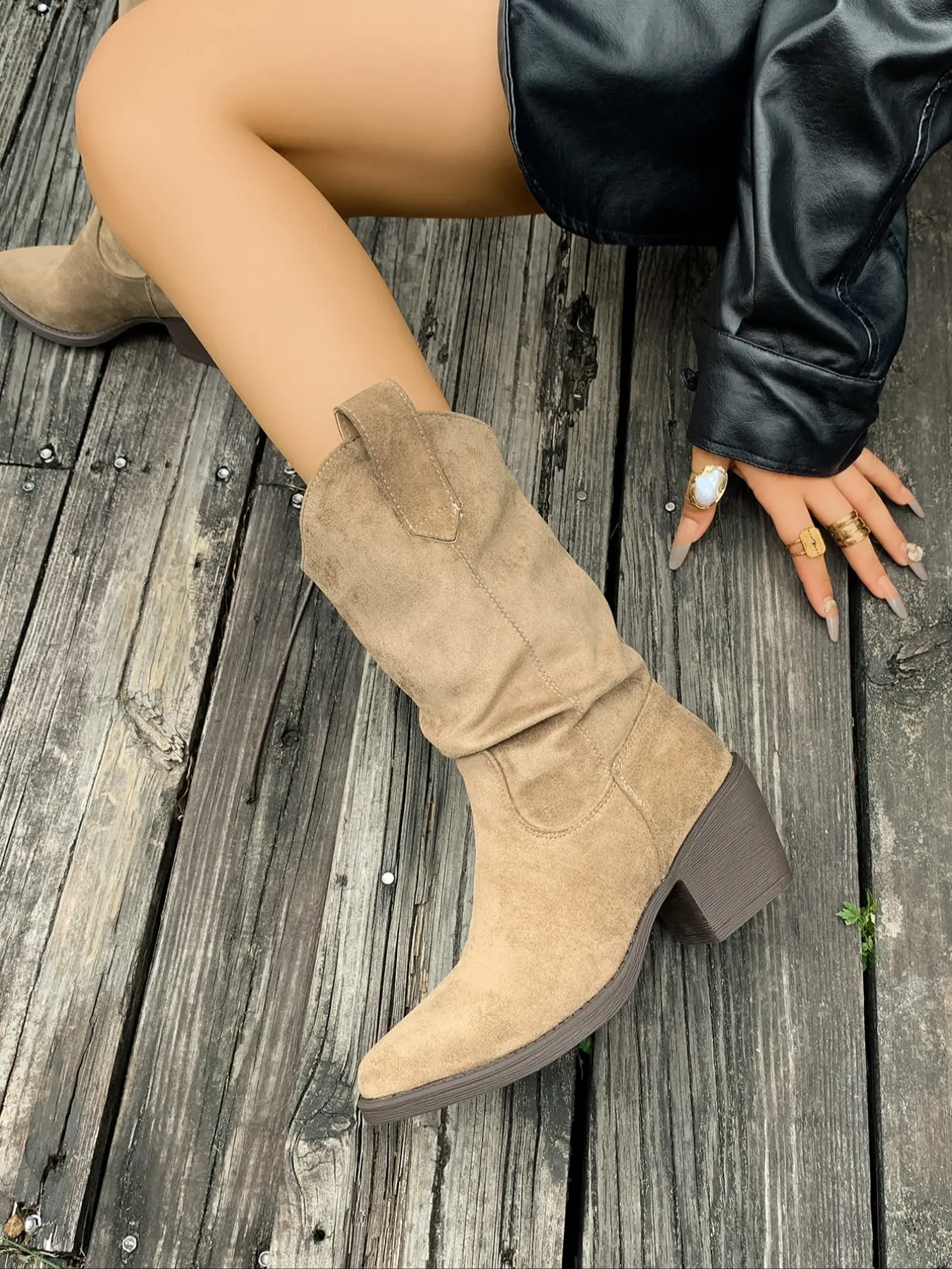 Women's Multi-Color Pleated Western Mid-Calf Boots, Matte Suede Patchwork Design, Vintage Style, All-Season Wear, Textile Upper, Rubber Sole