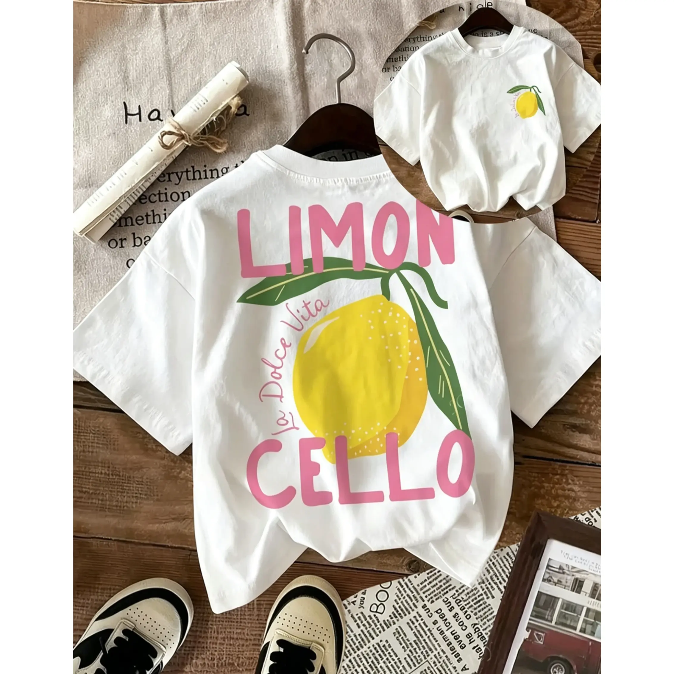Women's Unisex Loose Fit Short Sleeves Sports Top - Round Neck, Lemon & Letter Print, Breathable Fabric, Casual Wear, Multi-Size Summer E-Commerce Apparel