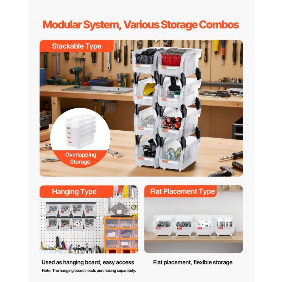 VEVOR Plastic Stackable Storage Bins, 10.9x 5.5x 5.1 inch (8 Pack), Plastic Containers for Organizing Storage Bins for Closet, Garage, Small Parts, Office Supplies, Other Accessories, Transparent