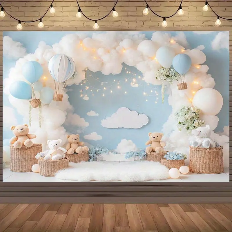 1 Piece Polyester Plush Cloud Hot Air Balloon Backdrop with Teddy Bear Figure, White Floral Accents - Light Blue Sky, Happy Birthday Party, Power-Free Photography, Artificial Cloud Prop Festive Backdrops & Banners for Home Use (Animals: No, Others: N/A)