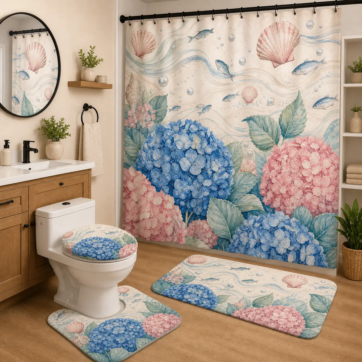 4pcs/set Beach Seashell Hydrangea Bathroom Set Waterproof Floral Shower Curtain with Bath Mat Toilet Lid Cover & Rug Home Bathroom Decor