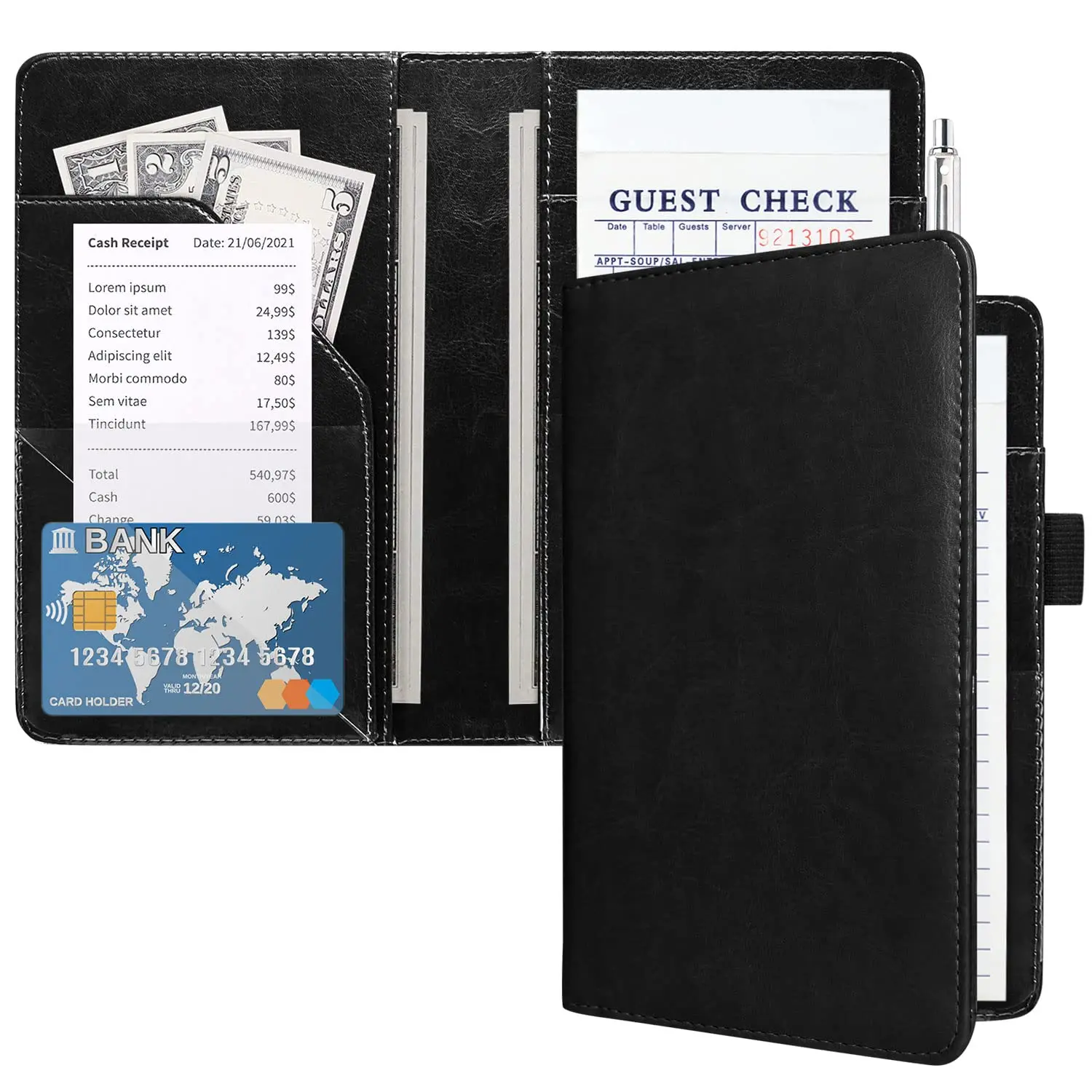 Server Books for Waitress, Guest Book Note Pad, Cute Pocket Leather  Organizer Wallet,  Check Bill Receipt Holder Presenter, Waiter Accessories Fit Server Apron, Black