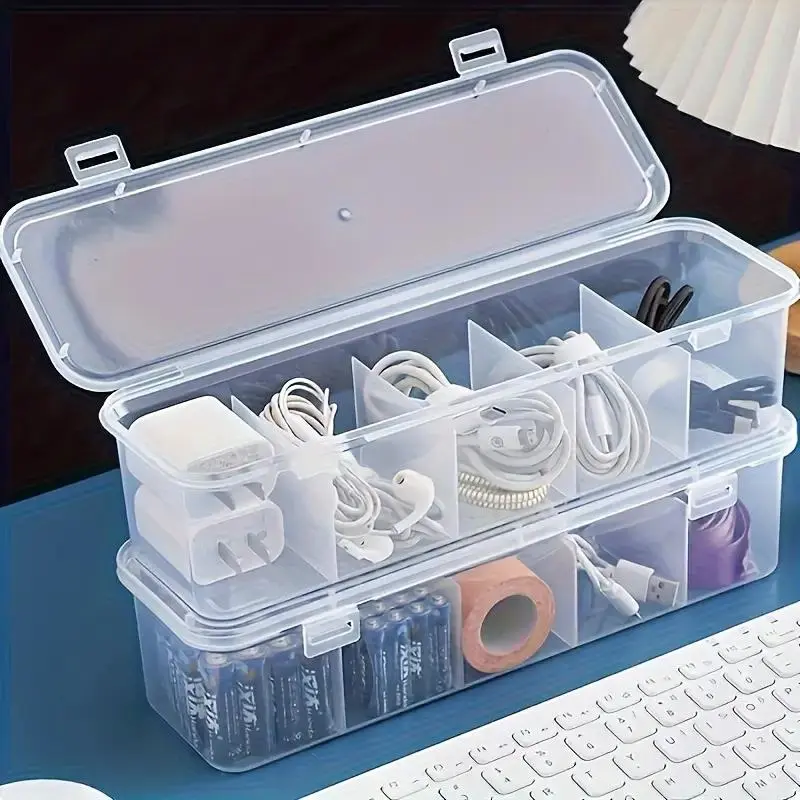 Large Capacity Cable Management Box with Lid, 5 Compartments, Durable Plastic Organizer for Office & Home Use, Space-Saving Desk Storage Solution