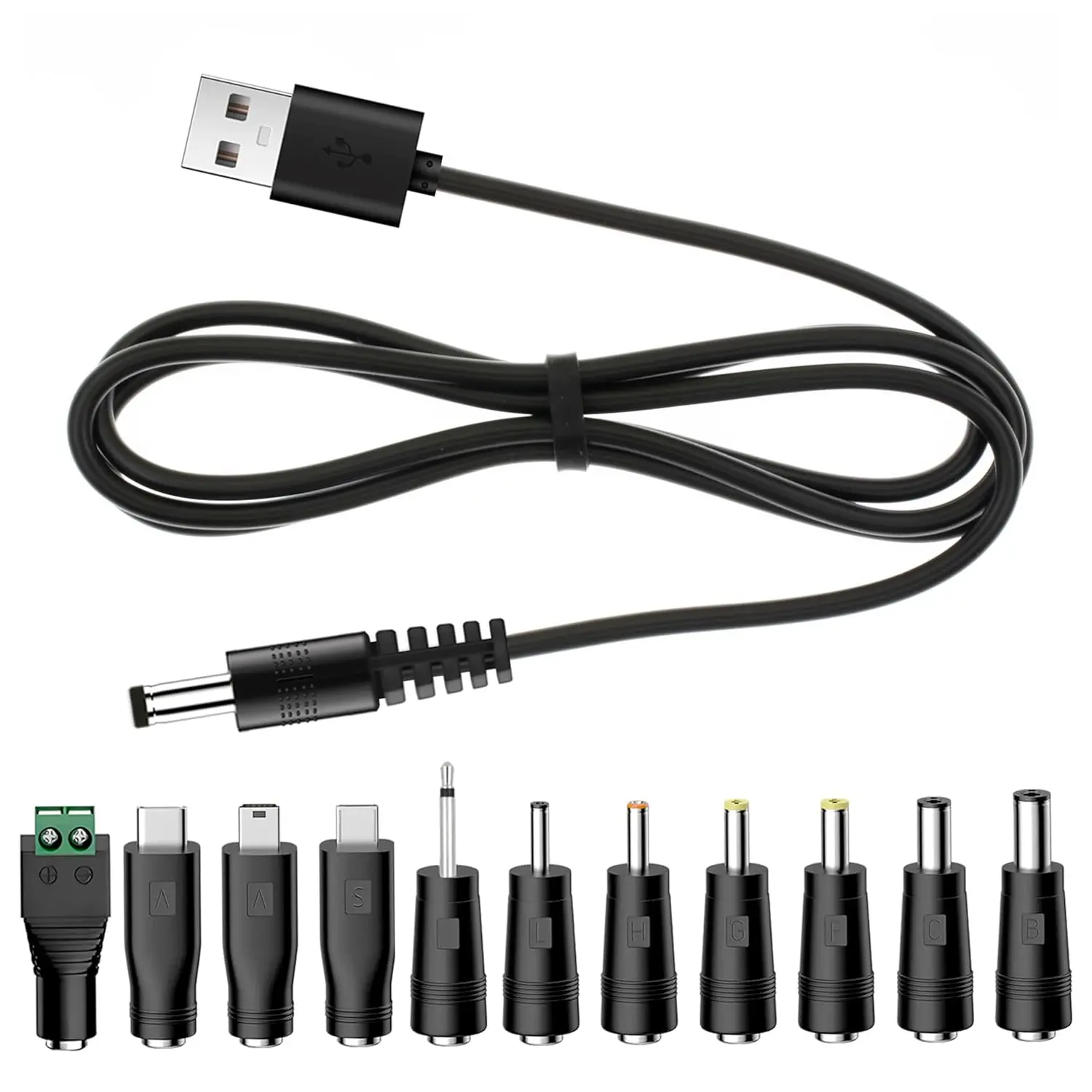 5V USB to DC 5.5x2.1mm   with 11 Connector Tips, 3.3ft | Tips include 5.5x2.1,  USB, Type-C, Mini USB, 2.5x0.7, 3.0x1.1, 3.5x1.35, 4.0x1.7, 4.8x1.7, 5.5x2.5 and 2.5mm