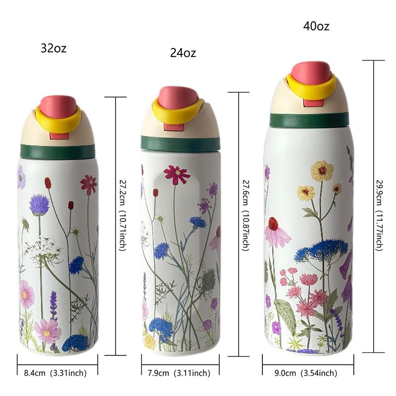 Flower Pattern Vacuum Flask, 1 Count Portable Insulated Water Bottle with Straw, Summer Cool Bottle Drinking Cup for Home Office School Outdoor Camping, Drinkware
