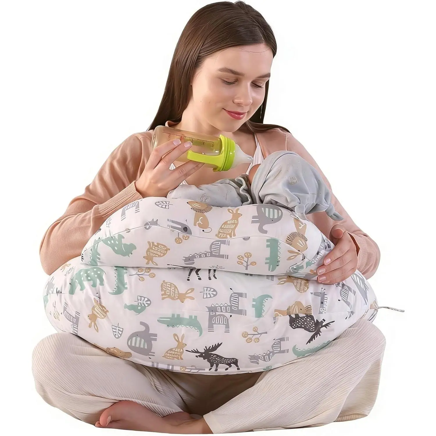 Nursing Pillow for Breastfeeding with Security Fence, Wider Design, Removable Washable Cotton Cover, Adjustable Waist Strap, Enhanced Support for Mom and Baby(Gift)
