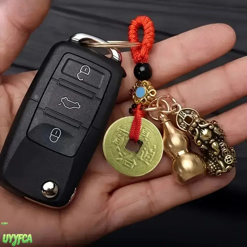 Brass Pixiu Gourd Feng Shui Keychain - Vintage Metal Key Ring With Ancient Coin, Red Chinese Knot Lucky Symbol, Multipurpose Car Ornament, Traditional Spiritual Accessory, Gift Idea,back to school,back to school haul