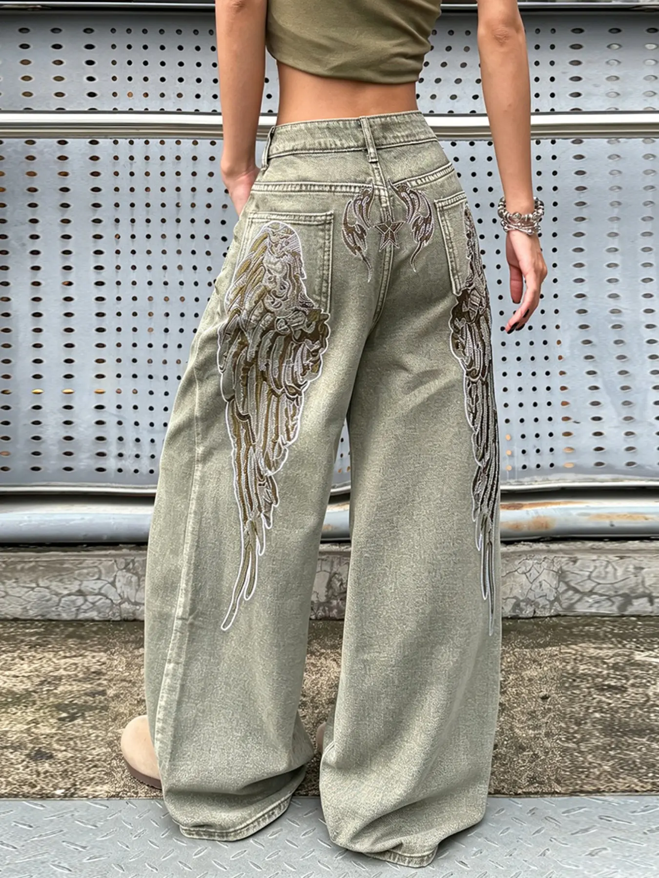 Women's High-Waisted Wide-Leg Denim Jeans, Elegant Angel Wings Embroidery, Millennial Y2K Street Style, Loose Fit, All Seasons, Multiple Colors Available