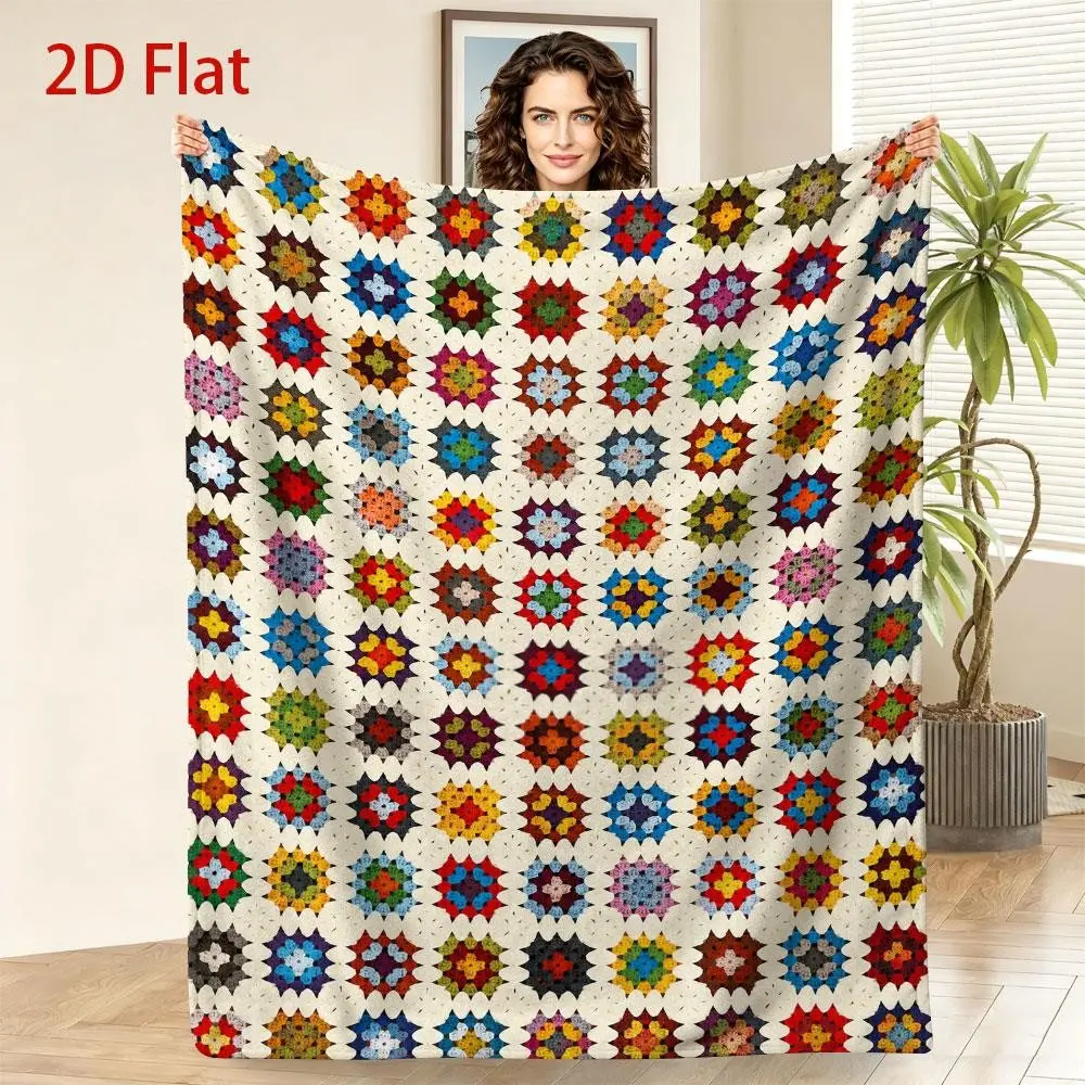 Multicolor Crochet Granny Square Blanket - Soft Fleece Throw Suitable for Sofa, Bed & Lap, Lightweight Warm Lap Quilt with Vibrant Geometric Floral Pattern, Cozy Bedspread for Couch, Contemporary Bedding Decor, Machine Washable