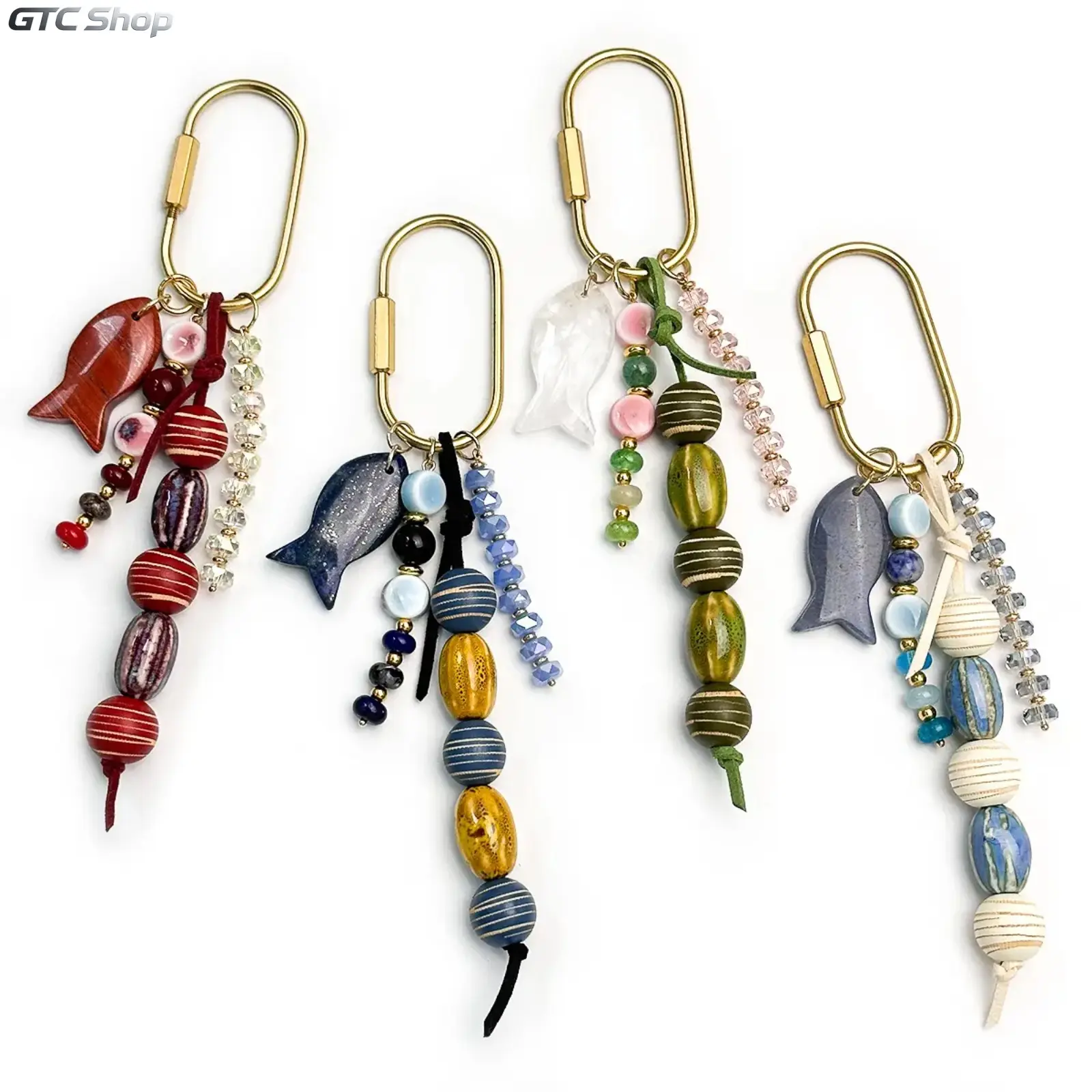 Vintage Fish Shape Ceramic Keychain with Wooden & Ceramic Beads - All Seasons Retro Unisex Charm, Daily Carry Camping Hiking Backpack Handbag Ornament