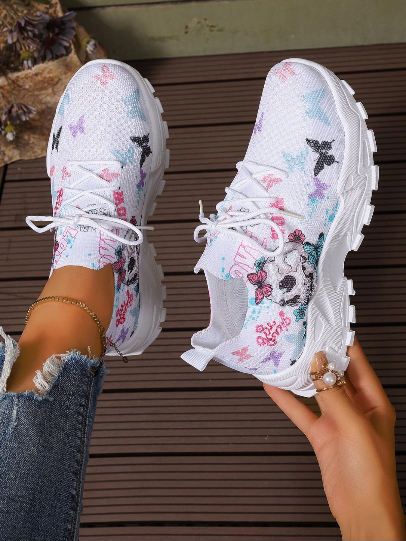 Women's Fashionable Butterfly & Skull Print Lace Up Low Top Sneakers, Casual Comfortable Breathable Sports Running Shoes, All-match Basic Shoes for Daily Wear, Sporty Running Fashion