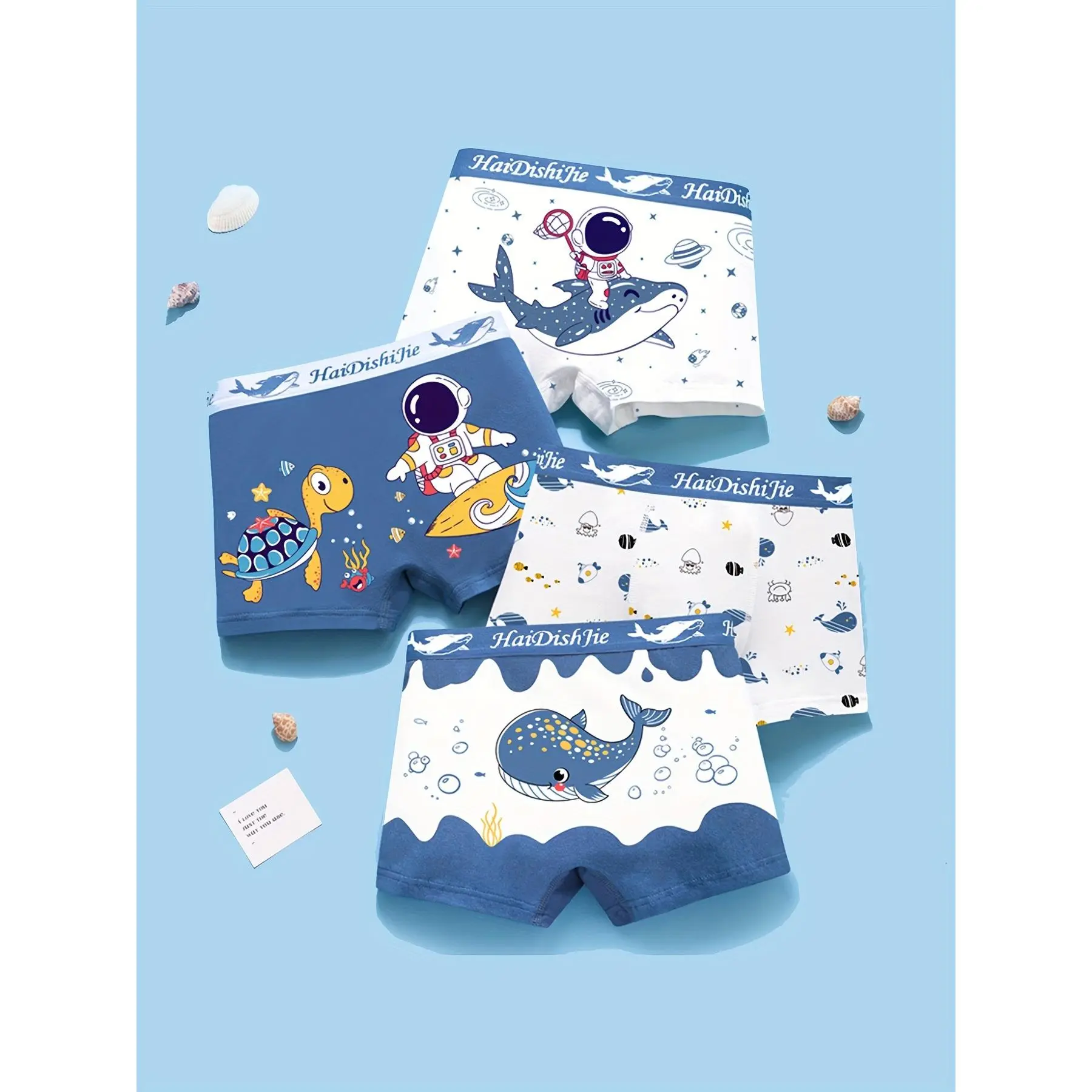 4pcs Toddler Boys Boxer Briefs Underwear, Cartoon Astronaut And Sea Turtles Print, Cartoon Spaceman And Sharks, 95% Comfy Breathable Soft Elastic Waist Shorts
