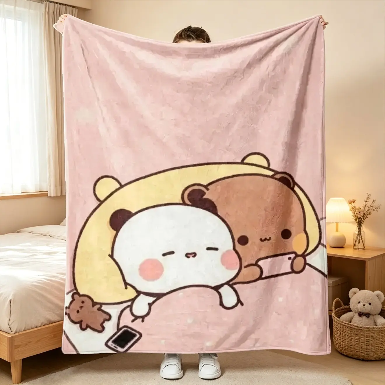 Bubu Dudu Cartoon Flannel Blanket, Cute Bear Print Plush Fleece Throw Blanket, Kids & Adults Cozy Soft Blanket, Air Conditioning Blanket for Sofa Bed Couch, All Season Home Decor Gift for Birthday Christmas