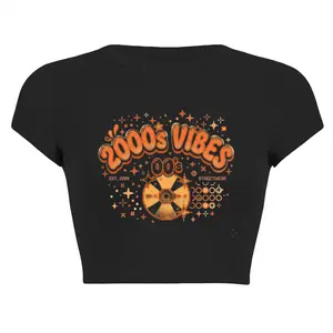 Women’S 2000s Vibes Retro CD Star Accent Crop Top In Cool Streetwear Style & Street Y2k Aesthetic, Orange Bubble Letter Y2K Graphic Tee, Casual Top For 2000s Theme Parties Retro Hangouts And Nostalgic Summer Outfits