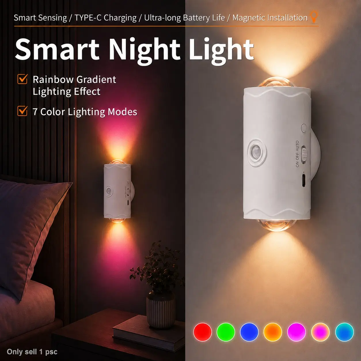 LED Motion Sensor Wall Lamp, USB Rechargeable RGB Night Light with 7 Color Options, Wireless Stick-On Sconce for Bedroom, Hallway, Stairs and Bedside