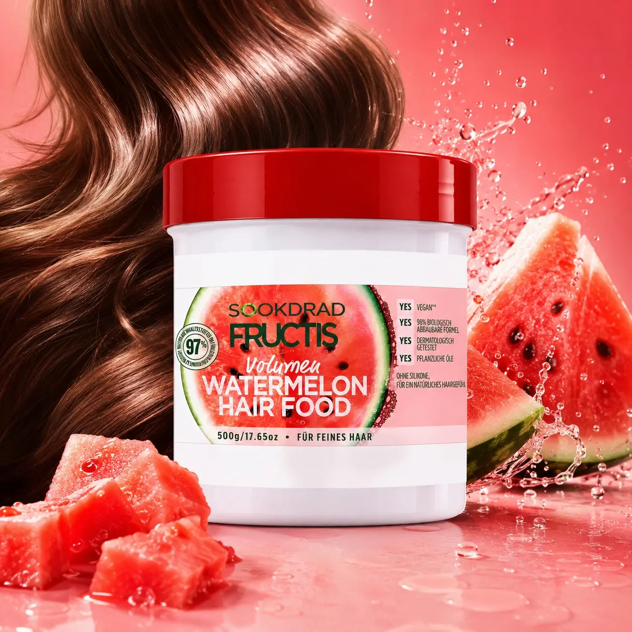 Watermelon Hair Food, volumizing, for fine hair, vegan, biodegradable formula, plant oil infused, silicone free, 500g/17.65oz