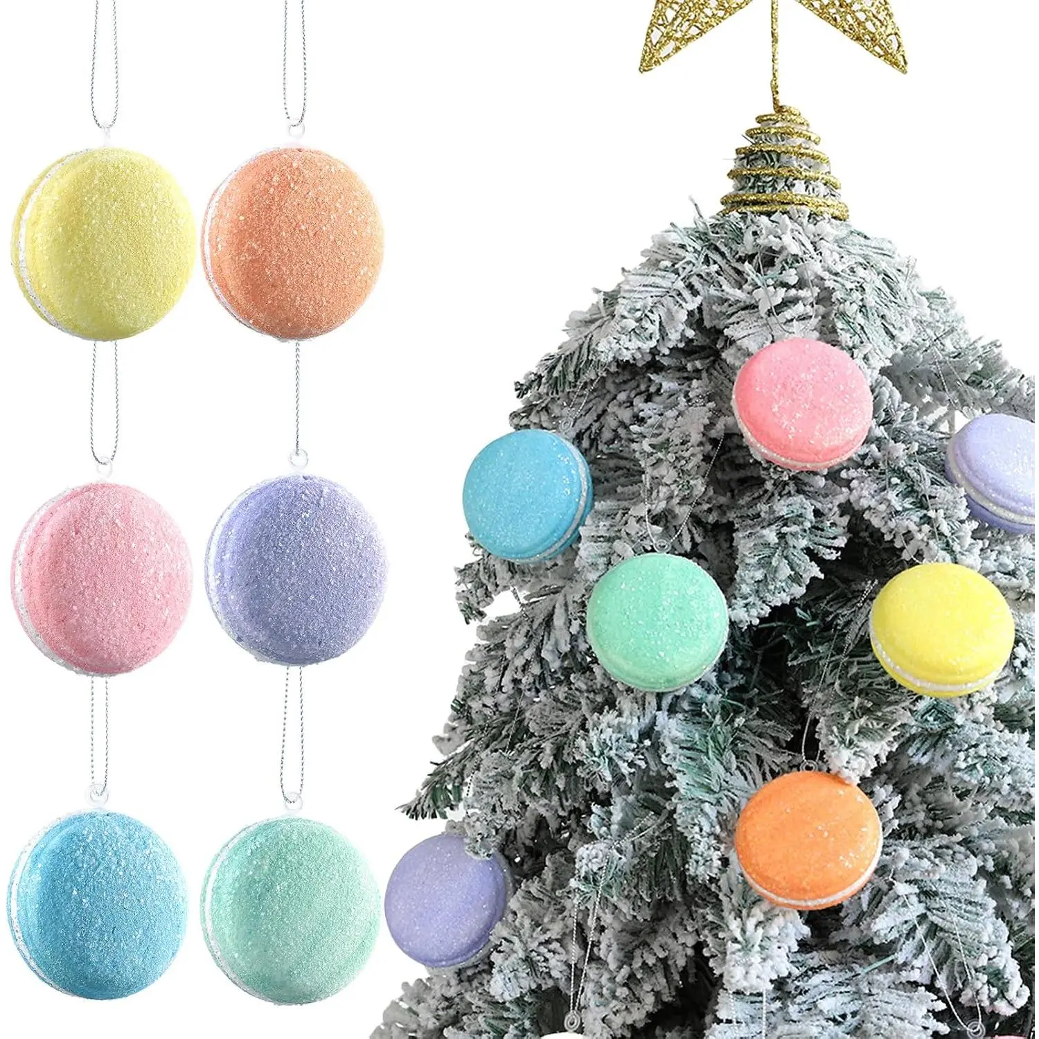 6 count Pastel Glittered Macaron Ornament Set, Candy Macaron Shape Christmas Tree Balls Ornaments for  Year Christmas  Holiday Party Decorations (Mix 6 )