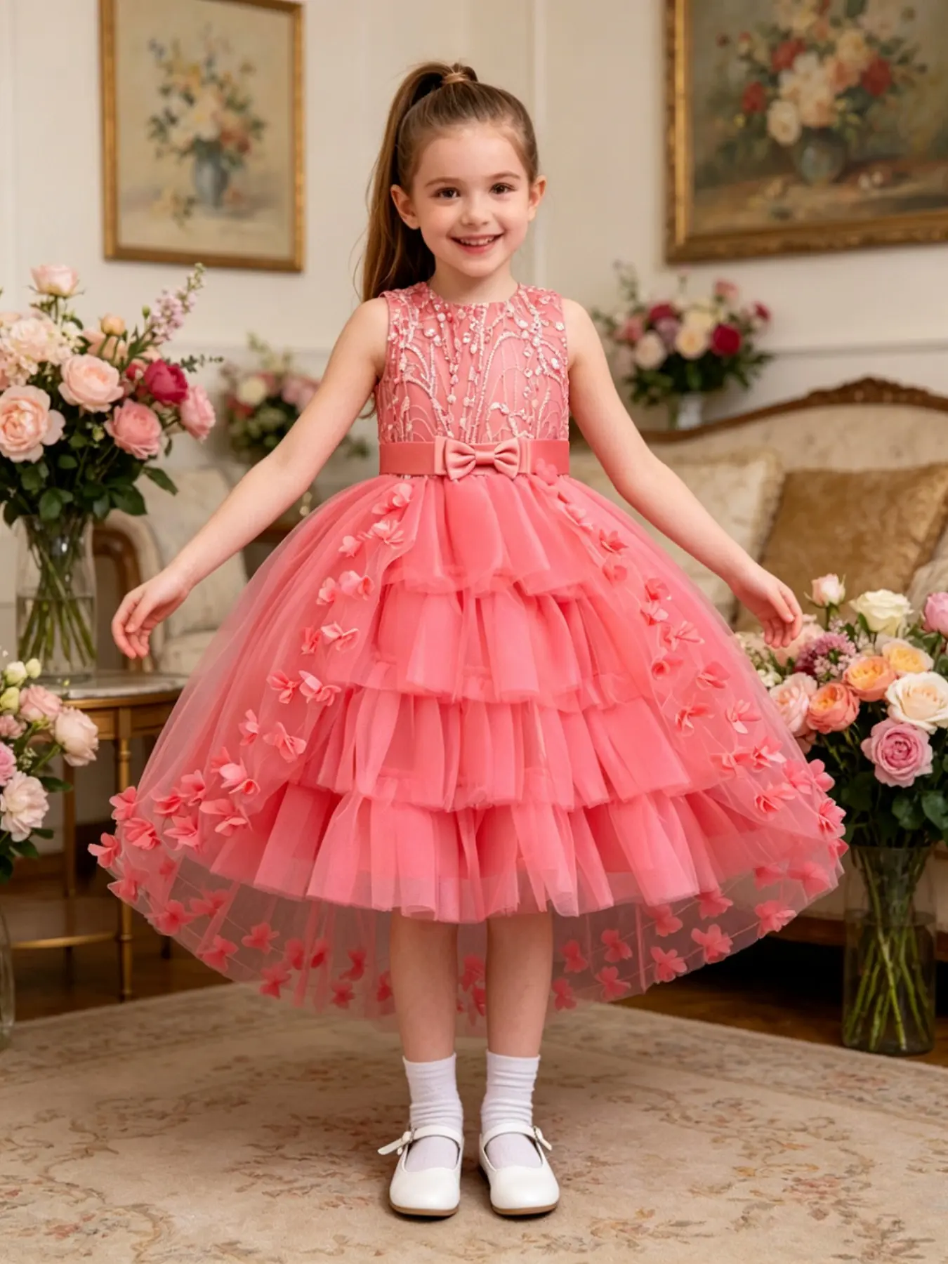 Girls' Floral Princess Dress with Train, Perfect for Birthdays & Special Occasions, Elegant Party Dress for Little Girls