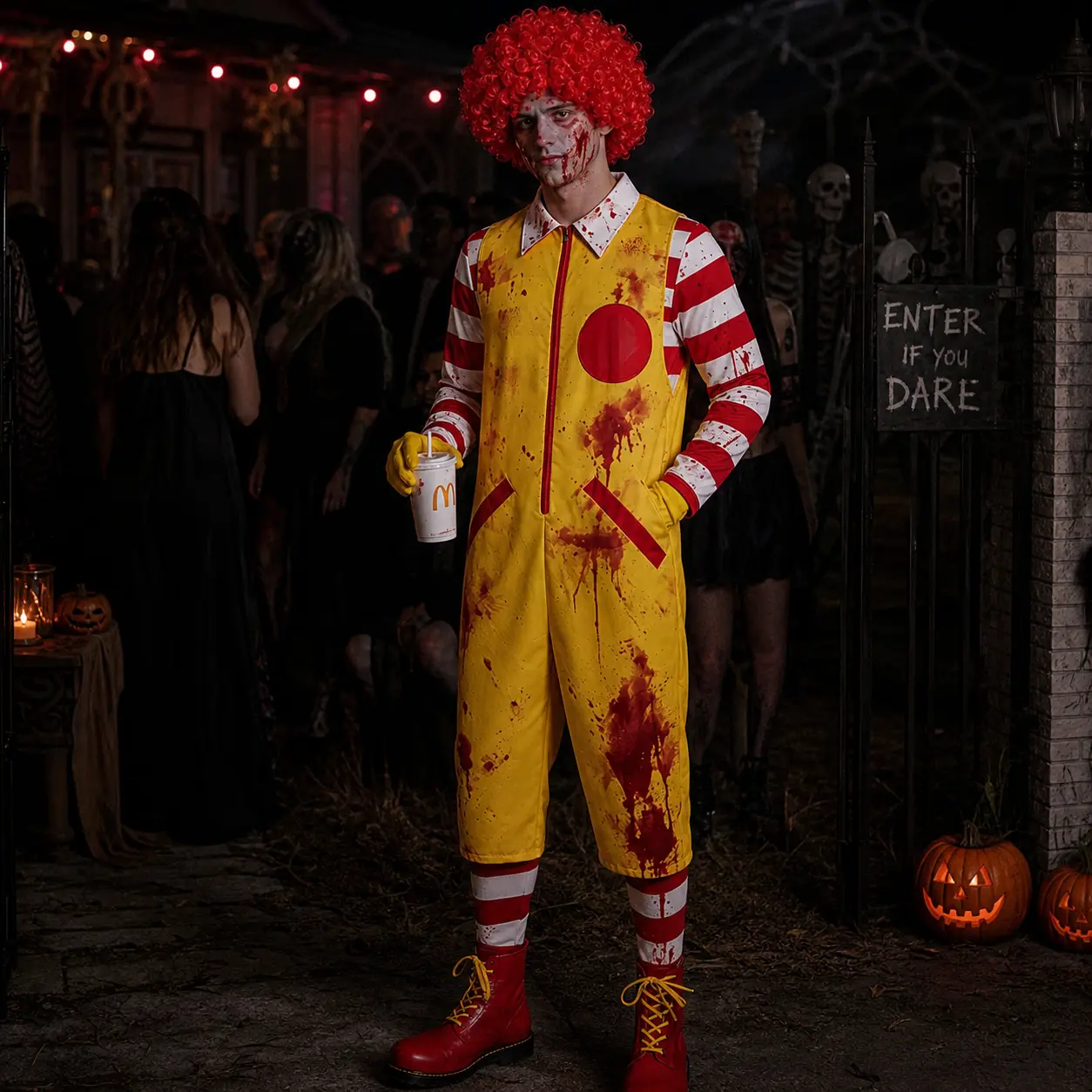 Bloody Yellow and Red Creepy Clown Cosplay Costume for Adults |   Halloween Zombie Killer Clown Jumpsuit with Fake Blood |   Horror Fast Food Mascot Outfit for Haunted House
