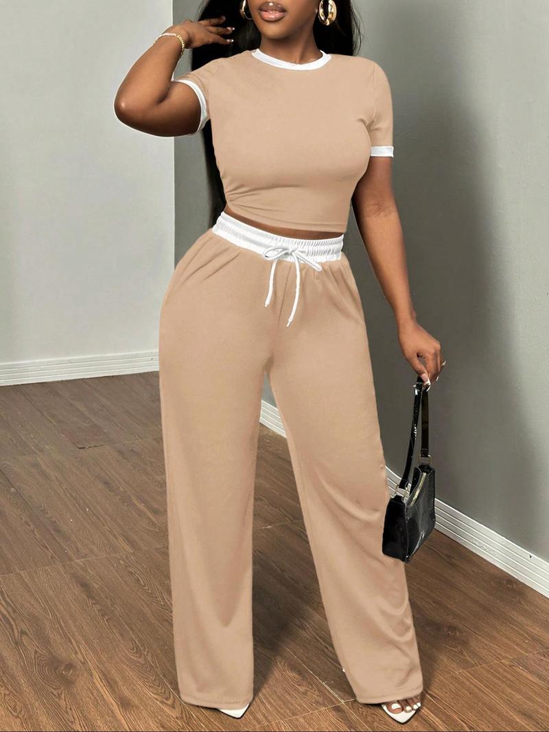 Women's New Casual Colorblock Slim Fit Round Neck Short Sleeve Top, Drawstring Waist Side Pocket Pants Two-Piece Set