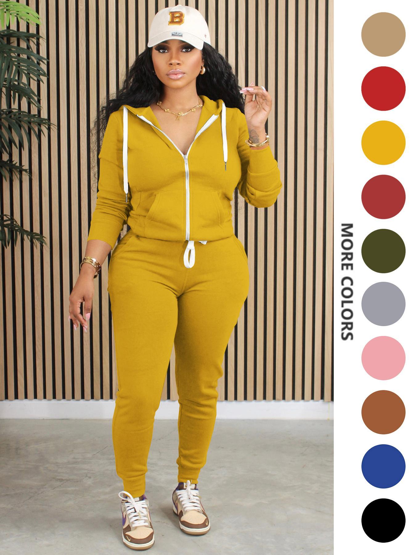 Two-Piece Set Women's Solid Zip Up Fitted Hoodie & Drawstring Waist Pants, Casual Long Sleeve Hooded Sweatshirt & Pocket Trousers for Spring & Fall, Women's Clothes for Daily Wear, Casual Fashion Set