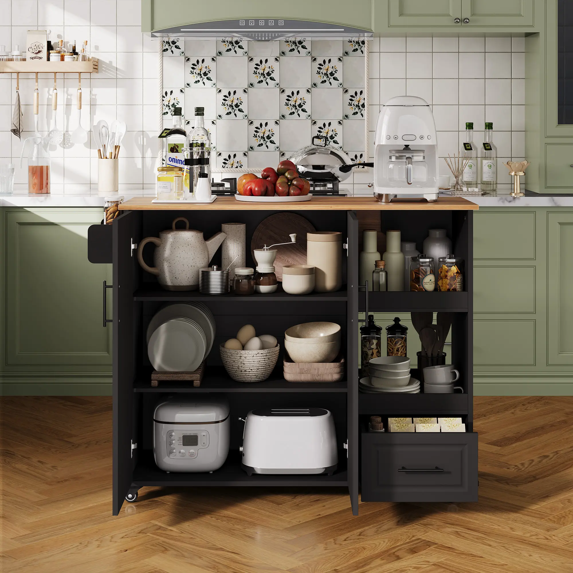 48" Rolling Kitchen Island Cart Butcher Block Wood Top, Foldable Drop Leaf, Storage Drawer, Spice Rack, 5 Lockable Swivel Wheels, White