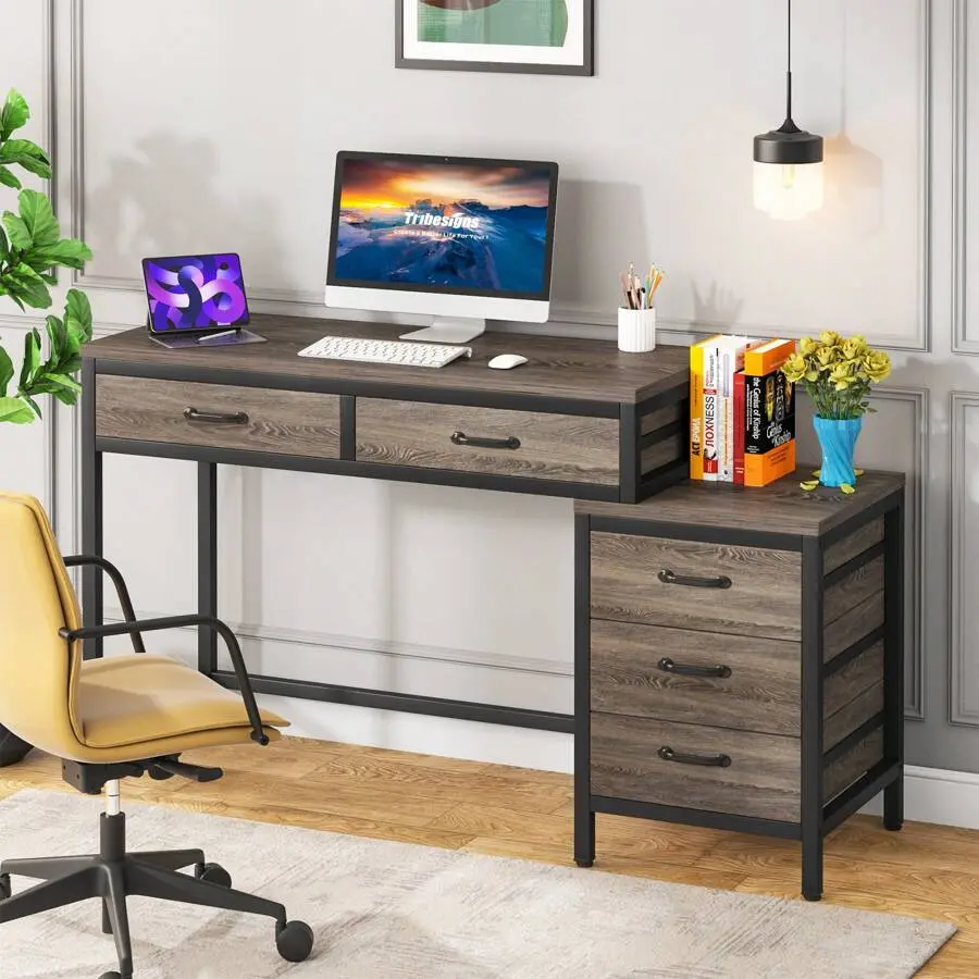 5-Drawer Computer Desk, Multi-Purpose Office Desk With Convertible Drawer Cabinet And Printer Table, Industrial Style Study Desk With Ample Storage, Gray