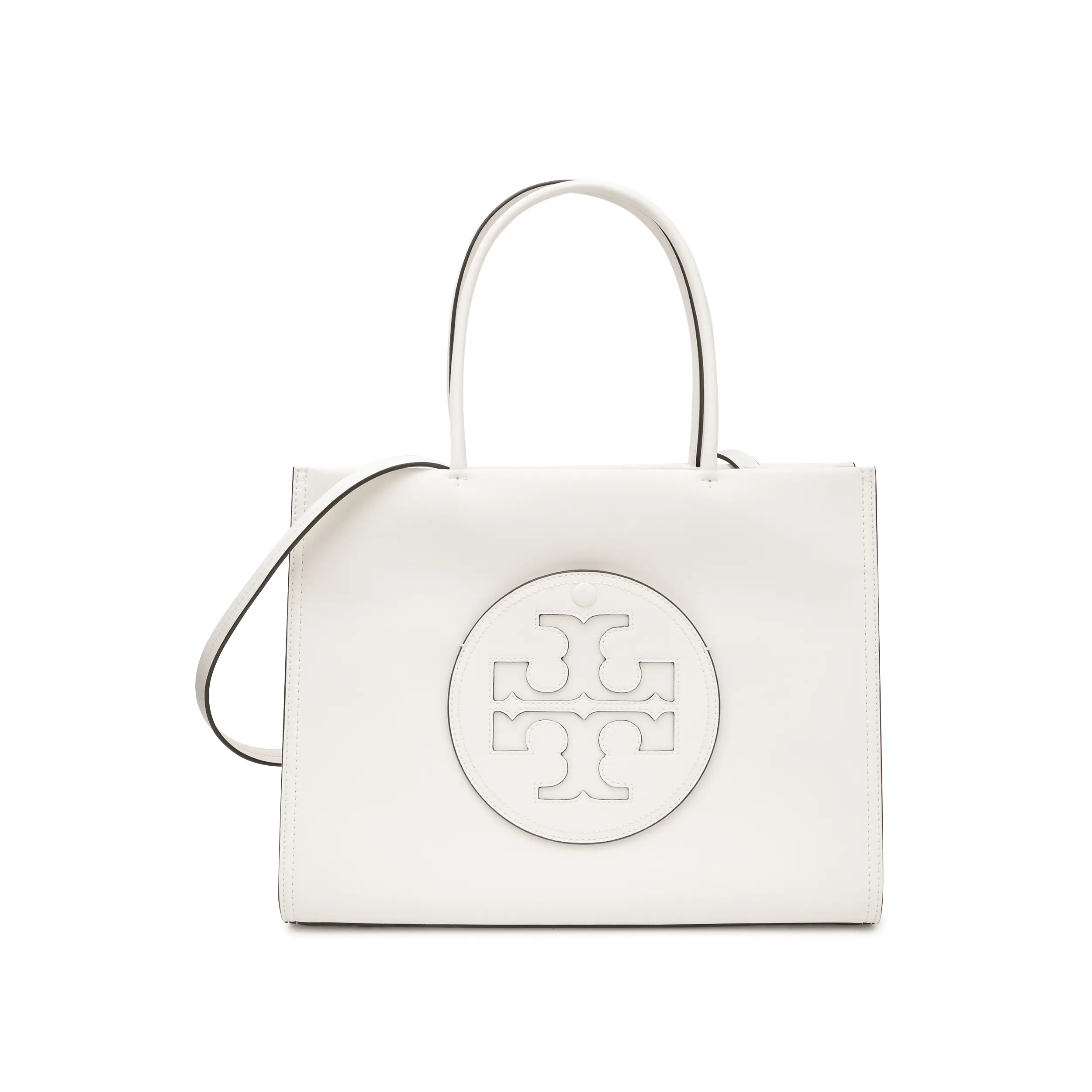 Tory Burch Ella Double-T Embossed Synthetic Leather Adjustable Detachable Strap Tote Bag for Women, Small, White
