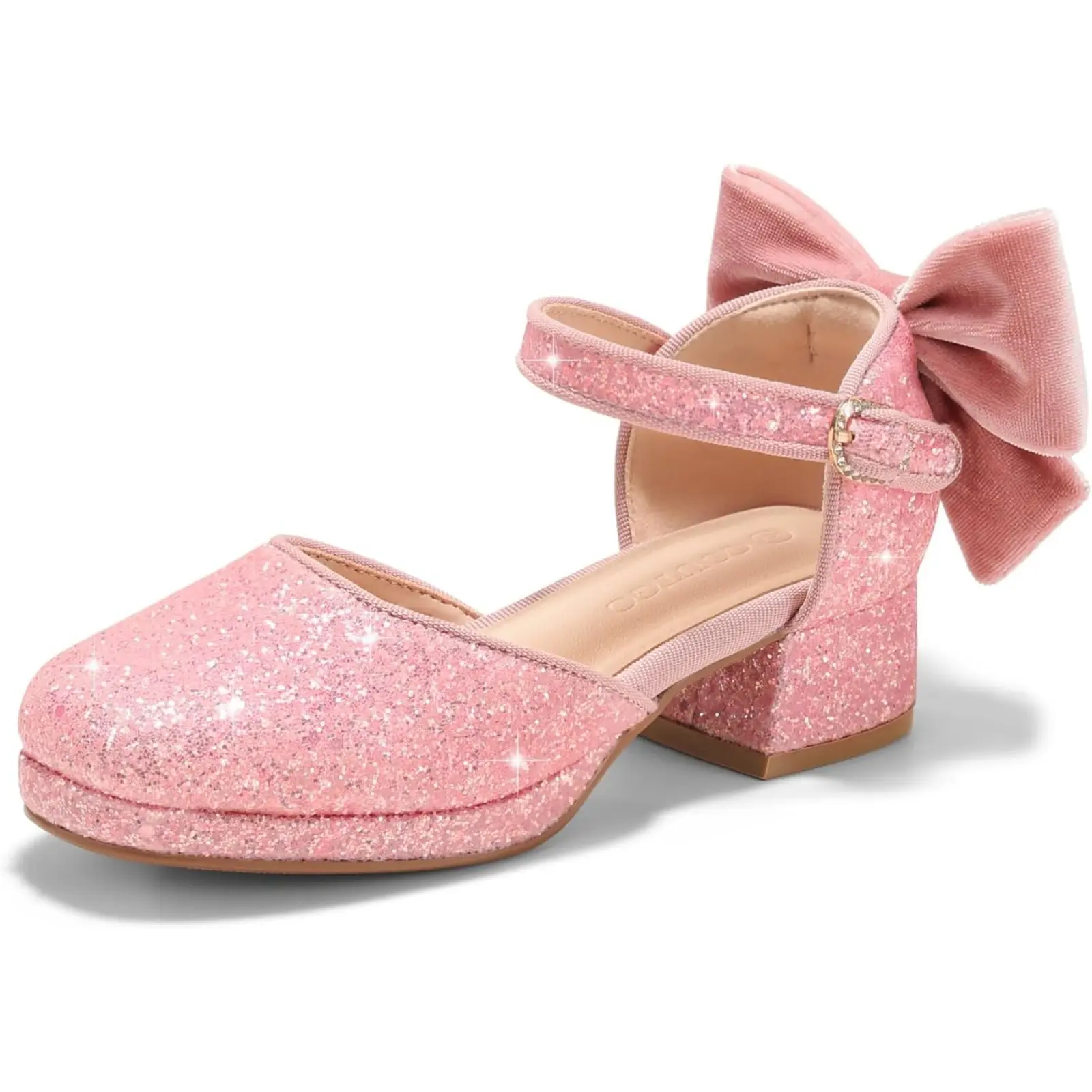 Coutgo Girls Dress Shoes Glitter Platform Chunky Heels Bow Princess Shoes | Square Closed Toe,Girls Pumps,Flower Girl Shoes,Block Heels,Adjustable Buckle Strap,Velcro,Cute,Party