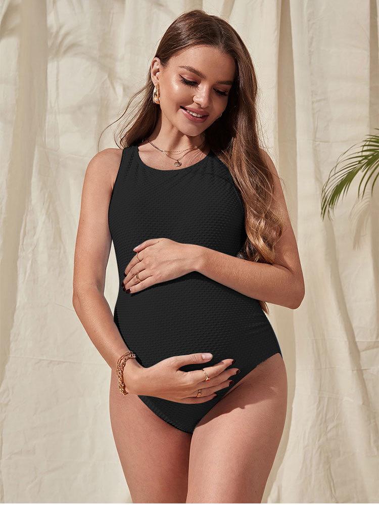 2026 Summer Foreign Trade European and American New Fashion Solid Color Maternity One-Piece Swimsuit Loose Backless Durable Bikini