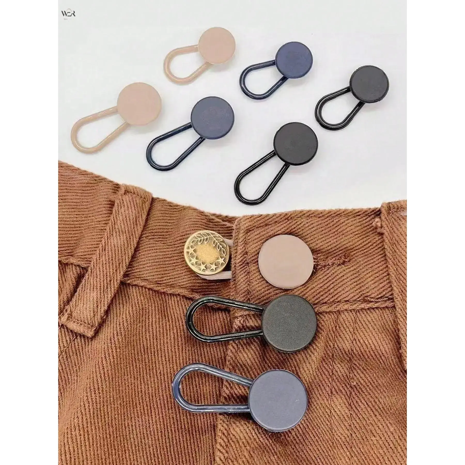 2 Sizes No-Sew Waistband Extender Buttons, Elastic U-Shape Pant Waist Expansion Clips in 4 Neutral Shades, Reusable Trouser Buckle Extenders for Tight Denim & Skirt Fit Adjustment