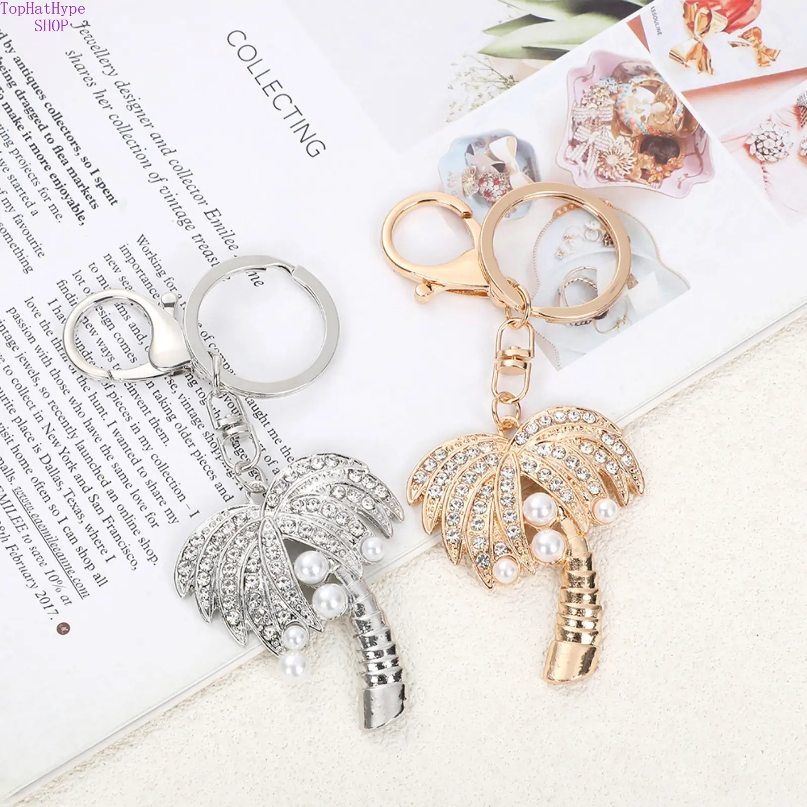 Tropical Coconut Tree Keychain, Rhinestone Inlaid Zinc Alloy Bag Charm, Elegant Pearl Decor Key Ring, Stylish Metal Accessory for Car Keys Handbags, Unique Vacation‑themed Small Gift for Women