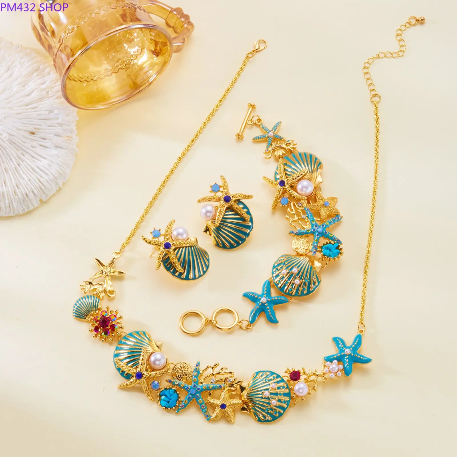 Starfish, Shell & Coral Enamel Jewelry Set for Women, Necklace, Bracelet & Stud Earrings, Coastal Beach Vacation Accessories