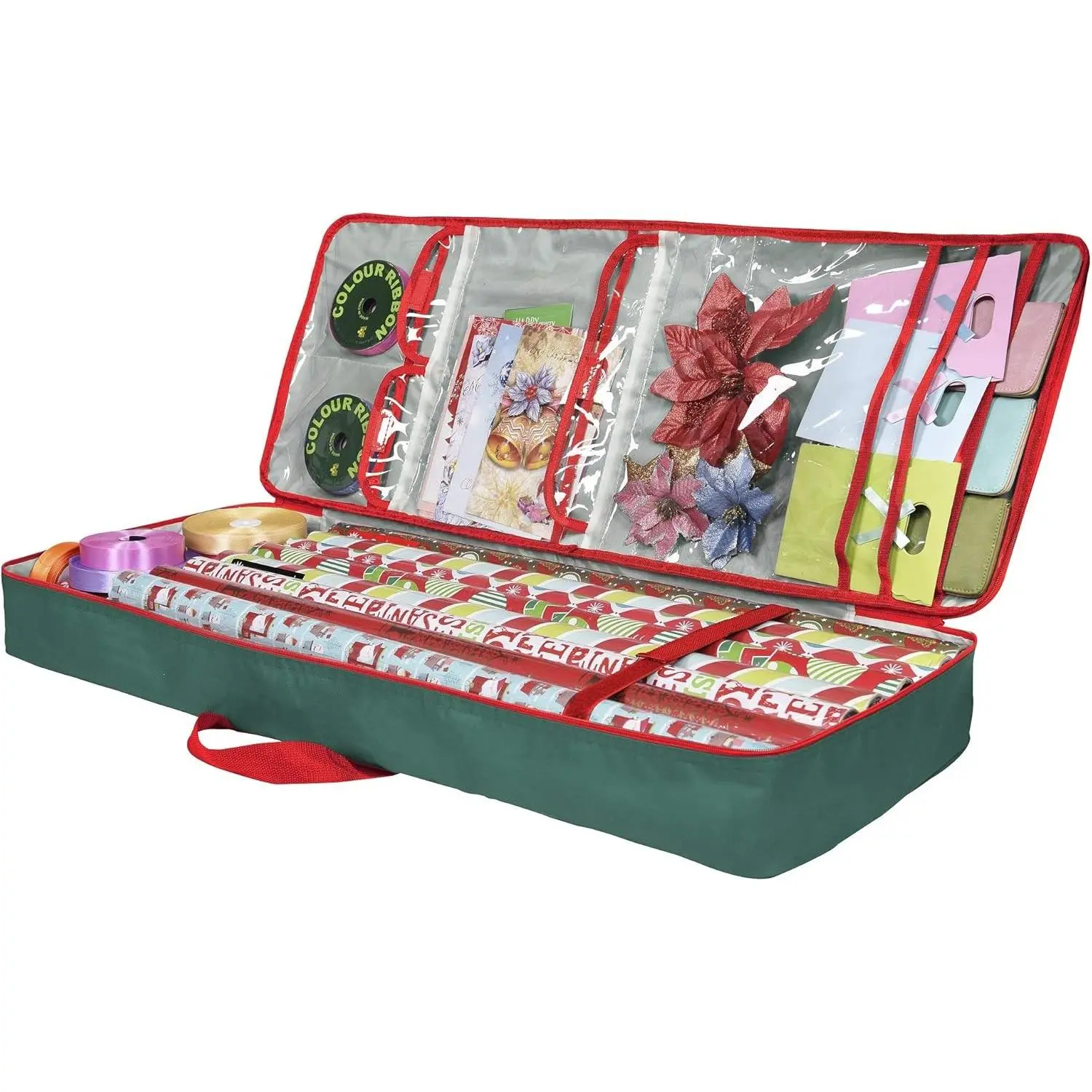 Christmas Wrapping Paper Storage Box with Pockets, Long Gift Wrap Storage Container Bag 37” x 14” x 4”, Durable 600D Oxford Material Gift Wrapping Organizer, Green