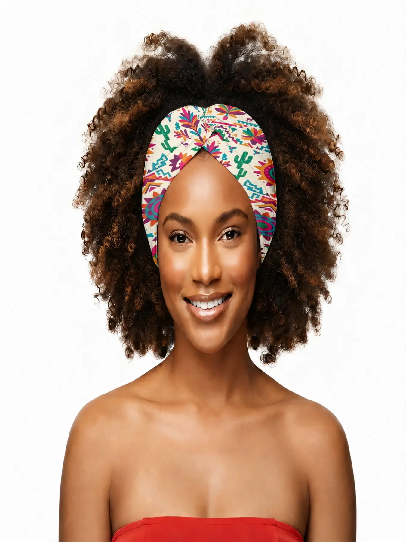 【Mexican Culture】Headband for Women – Vibrant Folk-Art Inspired Mexican Pattern with Cacti, Hummingbirds, and Geometric Florals in Bold Colors on Cream – Perfect for Cultural Celebrations, Fiesta Parties, Bohemian Outfits & Eclectic Style Looks
