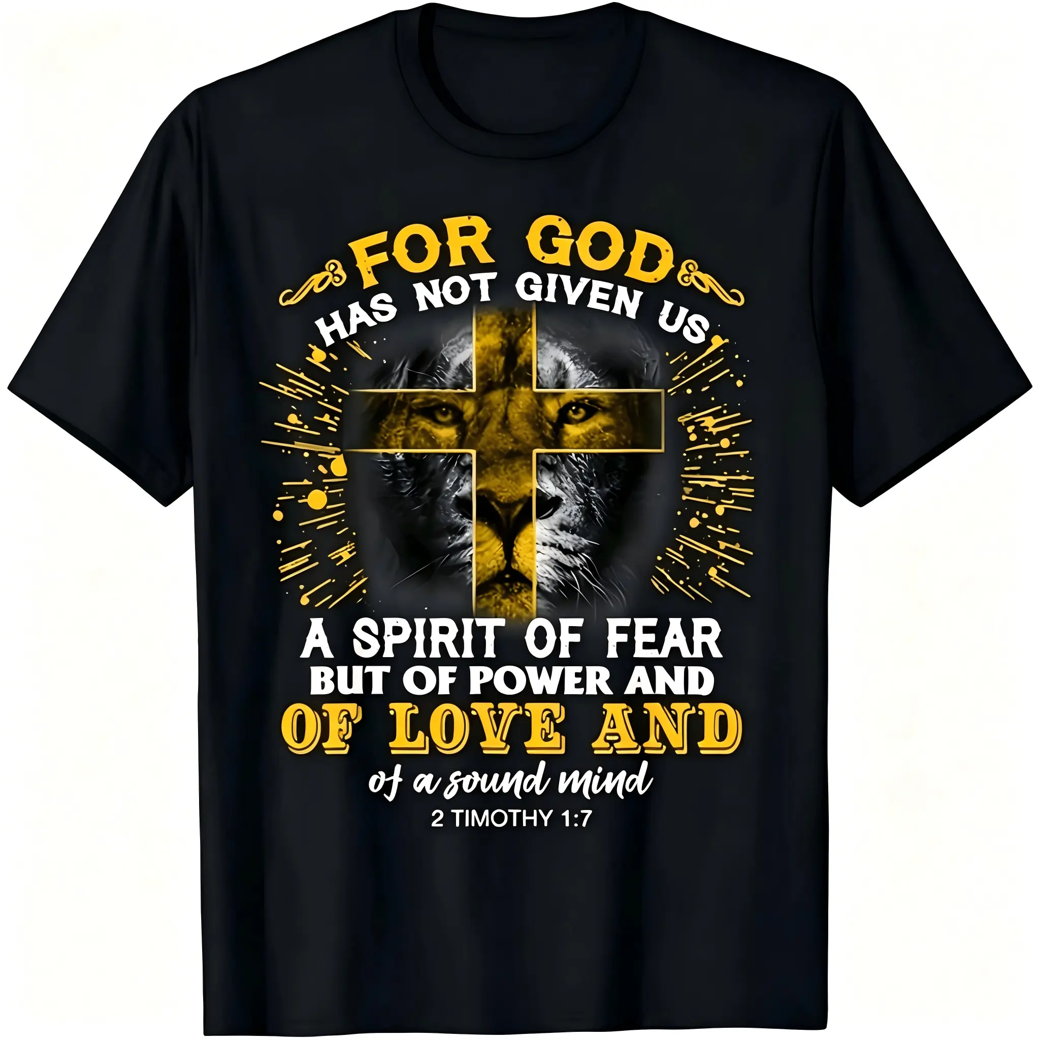 2 Timothy 1:7 "For God Has Not Given Us A Spirit Of Fear" Unisex T-Shirt for Men - Lion Cross Religious Graphic, Soft Cotton Crew Neck Short Sleeve, Comfortable All-Season Tee, Perfect Inspirational Gift, Summer Spring, Machine Washable