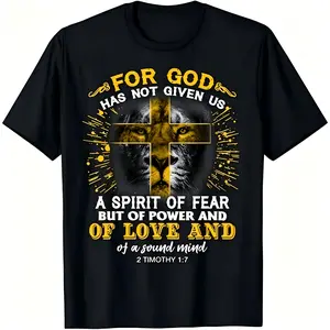 2 Timothy 1:7 "For God Has Not Given Us A Spirit Of Fear" Unisex T-Shirt for Men - Lion Cross Religious Graphic, Soft Cotton Crew Neck Short Sleeve, Comfortable All-Season Tee, Perfect Inspirational Gift, Summer Spring, Machine Washable